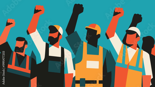 Illustration Of Workers Raising Fists In Solidarity Vector Design Template