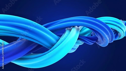 Abstract 3D digital artwork featuring smooth flowing blue and cyan curved ribbons against a dark navy blue background with a subtle central glow and ample copy space for text.