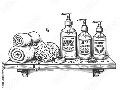 spa essentials including towels, sponge, soap, and bottles of lavender oil, aloe cleanser, and rosemary toner sketch engraving generative ai vector illustration. Scratch board. Black and white image.