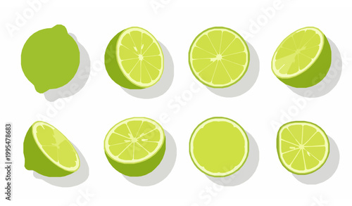 Lime slices and whole fruit flat vector citrus food ingredient set