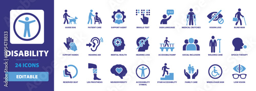 Disability solid vector glyph icon set including guide dog, sign language, braille text, hearing aid, wheelchair sign, accessible ramp, leg prosthesis, and mental health awareness symbols.