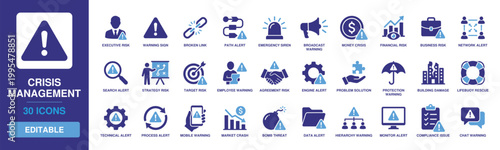 Crisis Management solid vector glyph icon set featuring emergency siren, market crash, financial risk, lifebuoy rescue, problem solution, monitor alert, and business risk warning symbols.