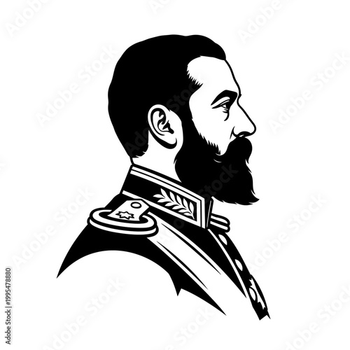 Vintage military man, bearded officer, black and white vector, profile portrait, uniform illustration vector eps silhouette