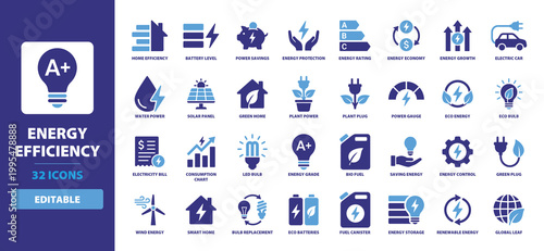 Energy Efficiency Icon Set with home efficiency, battery level, power savings, energy protection, energy rating, and energy economy for sustainable living.