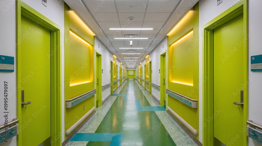 Naklejka premium Modern hospital corridor with bright lime green walls and interior lighting