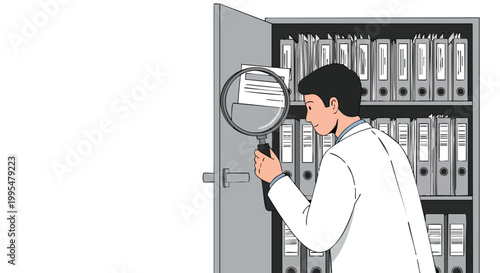 Man researching documents in filing cabinet. Business illustration. Data analysis. Office work.
