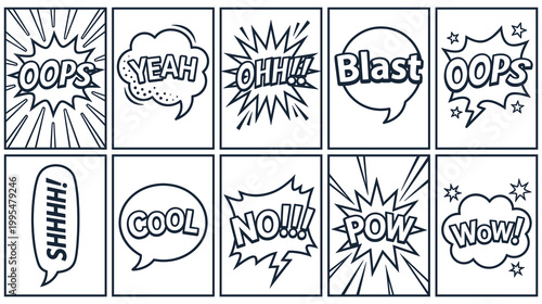Comic speech bubbles with expressive sound effect text and boom cloud.