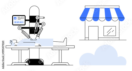 Healthcare innovation, surgical robots, cloud computing, data storage, medical technology, small business. A patient on an operating table under a robotic system. Healthcare innovation and surgical