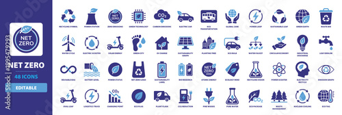 Icon Set Net Zero featuring recycling symbol, power station, zero emissions, green technology, carbon emissions, electric car, and eco transportation for ecology.