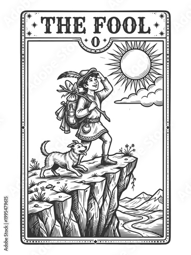 The Fool tarot card showing a carefree traveler with a dog near a cliff, symbolizing adventure, innocence, and new beginnings sketch engraving generative ai vector illustration. Black and white image.