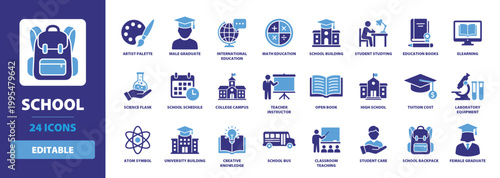 School Solid Vector Glyph Icon Set including artist palette, male graduate, international education, math education, school building, student studying, and education books for learning.