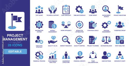 Project Management Icon Set featuring top talent, technical support, task checklist, timeline schedule, team target, recruitment search, and project milestone.