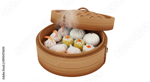 Steamed dim sum dumplings served in a traditional bamboo steamer basket.