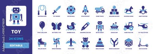 Toy Icon Set featuring skipping rope, toy sword, soccer ball, space rocket, dump truck, building blocks, rocking horse, and baby pacifier for kids and nursery apps.