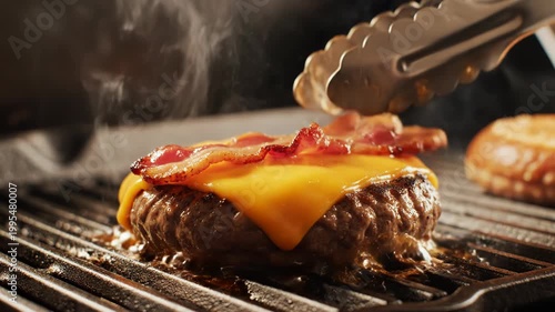 Sizzling beef burger patty topped with thick melted cheddar cheese as a strip of crispy bacon is added on a hot grill with rising smoke and a toasted bun in the background.