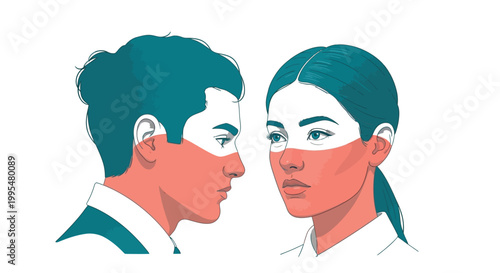 Stylized vector illustration of two diverse individuals with contrasting color schemes facing each other intently