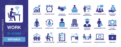 Work Solid Vector Glyph Icon Set featuring growth chart, deadline alarm, handshake partnership, office receptionist, business presentation, and meeting discussion for corporate use.
