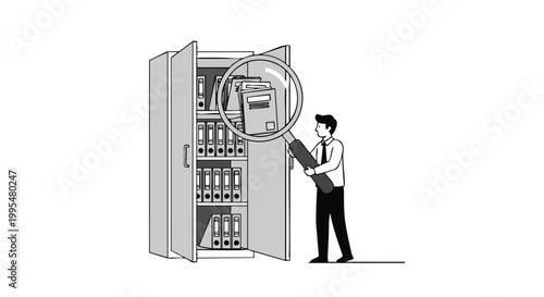 Man searching files in cabinet with magnifying glass. Business data administration concept.