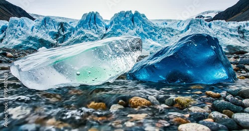 Icebergs resting on a rocky shore with a glacier backdrop under a cloudy sky