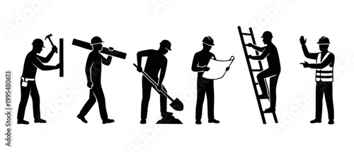 Construction worker silhouettes icon set, builder characters holding tools, blueprint, ladder and shovel, black vector professional figures collection for engineering, architecture, industrial labor d