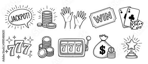 Hand Drawn Gambling Themed Icon Set, Jackpot Explosion, Chips, Cards, Dice, Slot Machine and Cash Bag, Casino Winning Concept Vector Illustration Collection