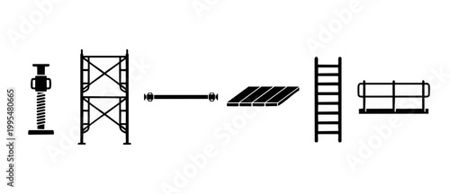 Construction Scaffolding Components Icon Set, Building Equipment Parts including Metal Frames, Leveling Jacks, Ladders, Planks and Guardrails for Industrial Work Sites, Flat Vector Design isolated on
