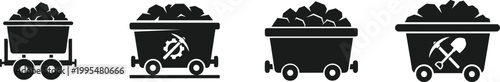 Vector Illustration of Mine Cart Silhouette Icon Loaded with Coal Ore for Industrial Mining and Resource Extraction Design, isolated on white
