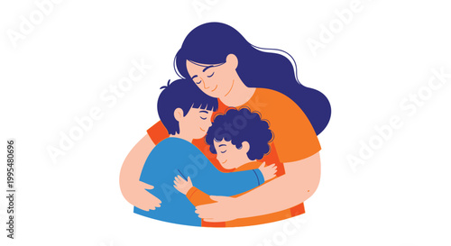 Affectionate mother warmly embracing her two beloved children in a tender illustration graphic