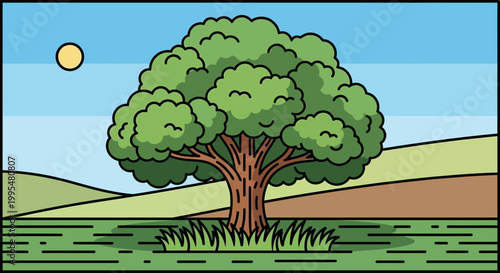Stylized Tree Illustration in Sunny Landscape