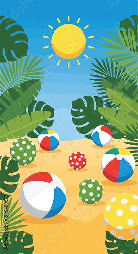 Foto A beach scene with colorful beach balls and palm trees