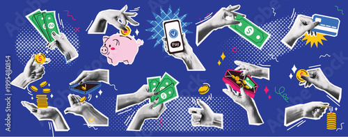 Retro Zine Style Money Transactions and Banking Vector Set, A creative collection of financial and payment-themed collage elements in a modern zine or papercut style