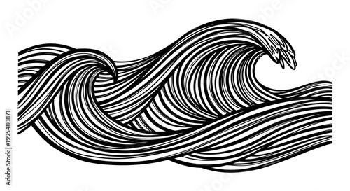 Stylized ocean wave design with rhythmic parallel lines, isolated white background