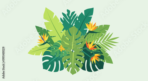 Tropical Leaves and Bird of Paradise Flowers Arrangement, Flat Design, Greenery