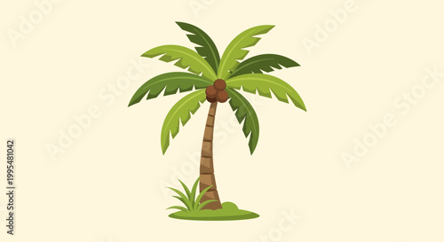 Tropical Palm Tree with Coconuts and Green Leaves on Light Background