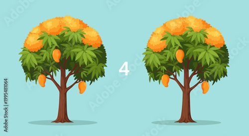 Two Mango Trees with Ripe Fruits and Green Leaves on Blue Background
