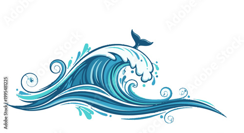 Stylized Blue Ocean Wave with Whale Tail Splashing isolated white background