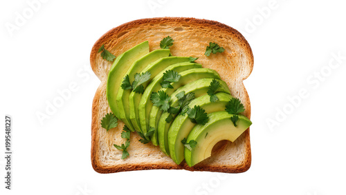 Foto Toasted bread slice with fanned avocado slices and cilantro, isolated on transpa