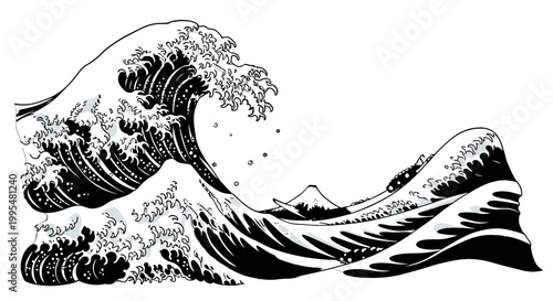 Traditional Japanese Great Wave Crashing Ocean isolated white background