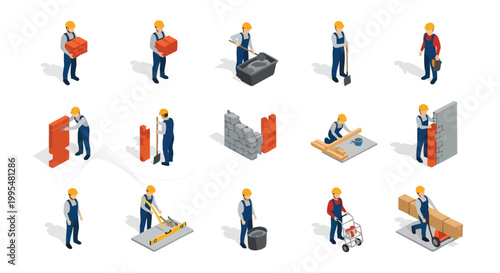 Construction Workers Building Process. Isometric Illustration Set. Bricklaying Tasks. Flat Vector Elements.