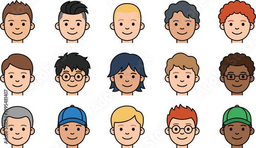 Diverse Cartoon Avatar Faces Collection with Different Hairstyles Skin Tones and Expressions for User Profile Icons Kids Characters and UI Design