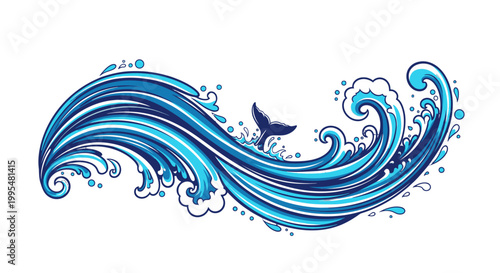 Vibrant Blue Crashing Waves with Small Whale Tail Splashing Isolated White Background