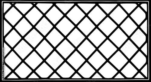 Black lattice window featuring a diamond pattern design on a white background, showcasing geometric symmetry and elegance
