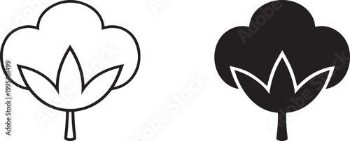Cotton boll flower black silhouette and line art outline vector.