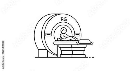Illustration of a person lying inside an MRI machine, depicted in a minimalist black and white line art style, highlighting medical technology and patient care