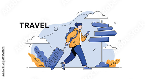 Female traveler with a backpack and a blue suitcase walks past several directional signposts to choose her next adventure path.