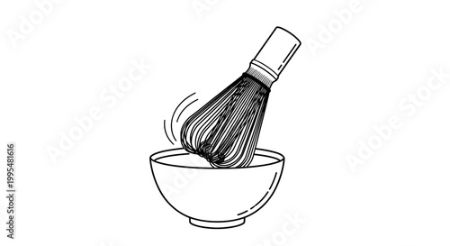Illustration of a whisked matcha tea preparation with a bamboo whisk in a bowl, black and white line art on a white background