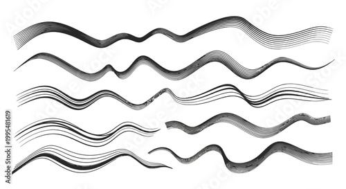Collection of Abstract Black Wavy Lines Brush Strokes Isolated White Background