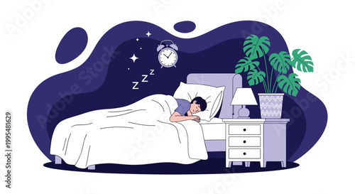 Young man sleeps peacefully in a cozy bed at night with a digital alarm clock and a green potted plant on the bedside table nearby.