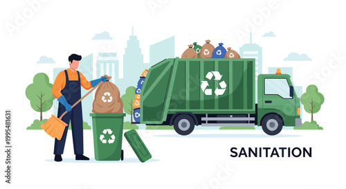 Professional sanitation worker throws bags of trash into a green recycling truck with a city skyline in the background landscape.