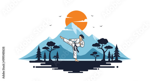 Martial artist performs a powerful high kick in front of a majestic mountain range and a large orange setting sun in the distance.